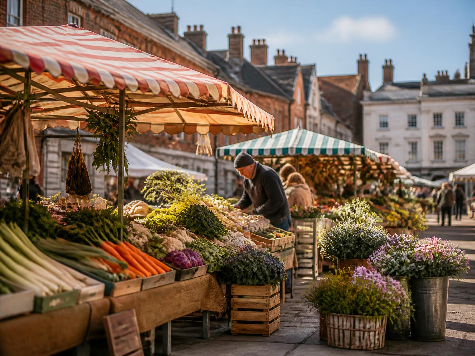 Traders setting up canvas stalls in a British market square